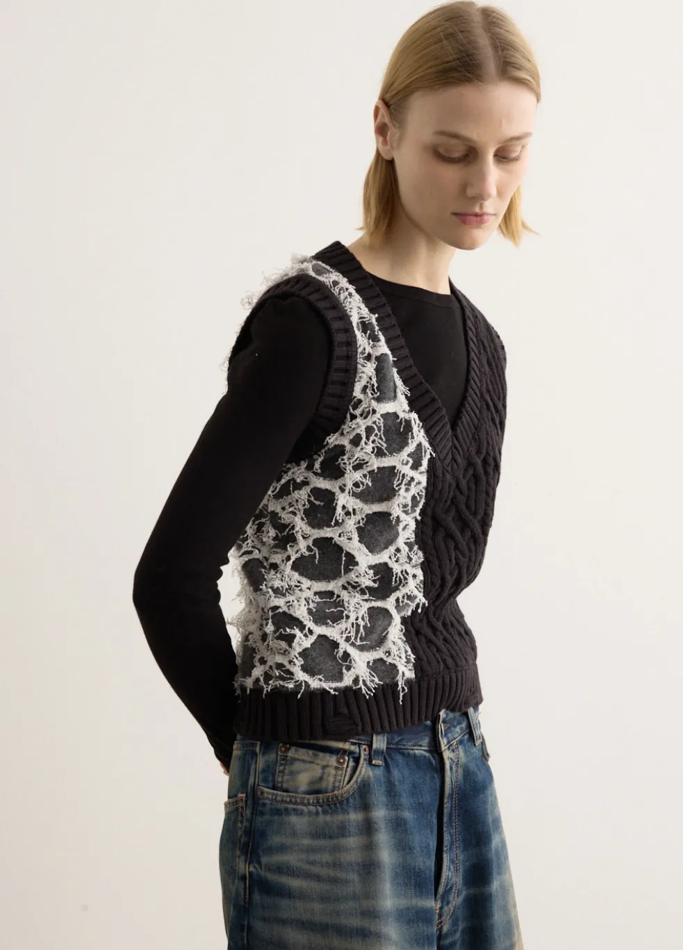 Boucle Cable Patchwork Knit Vest