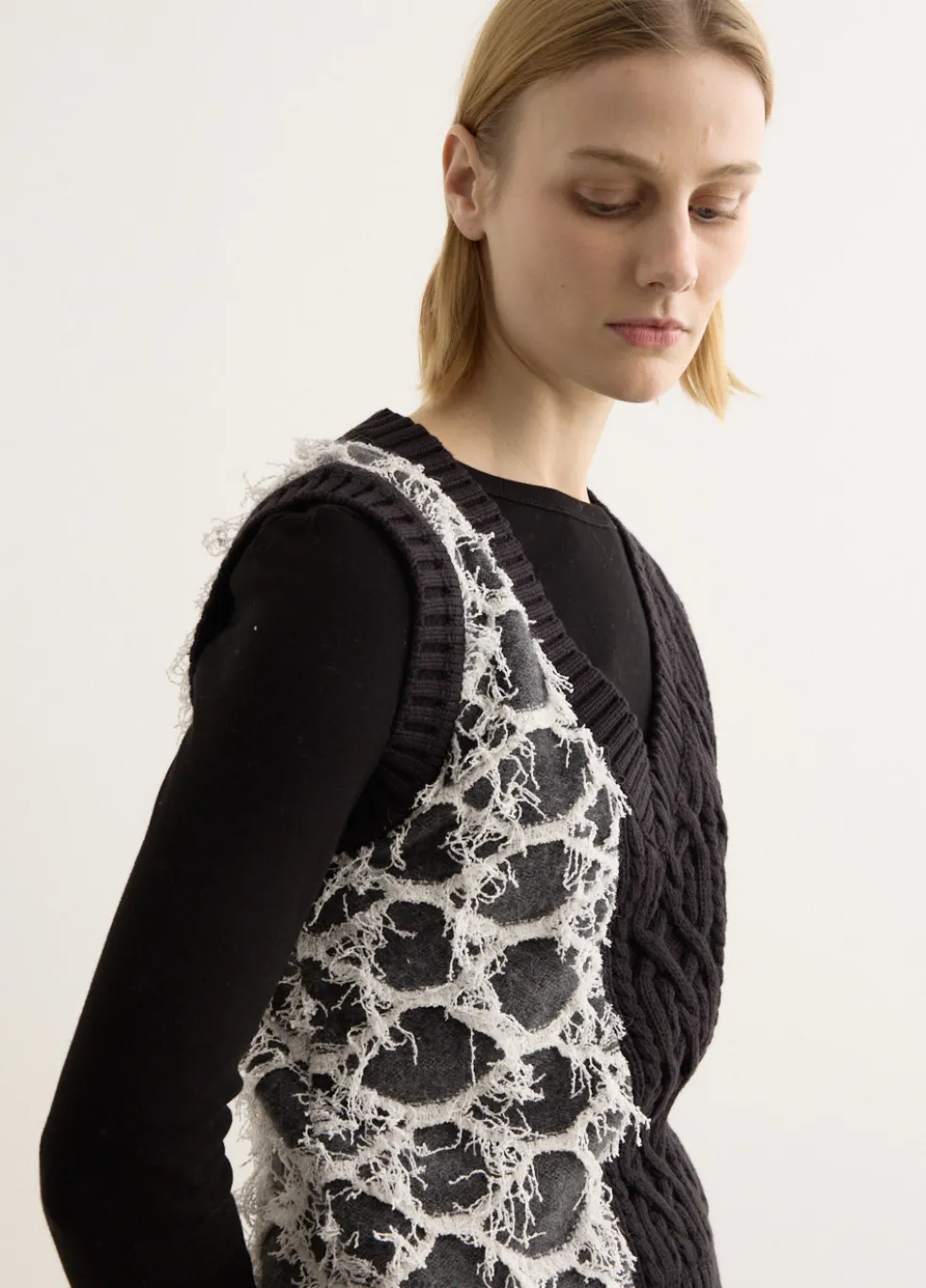 Boucle Cable Patchwork Knit Vest