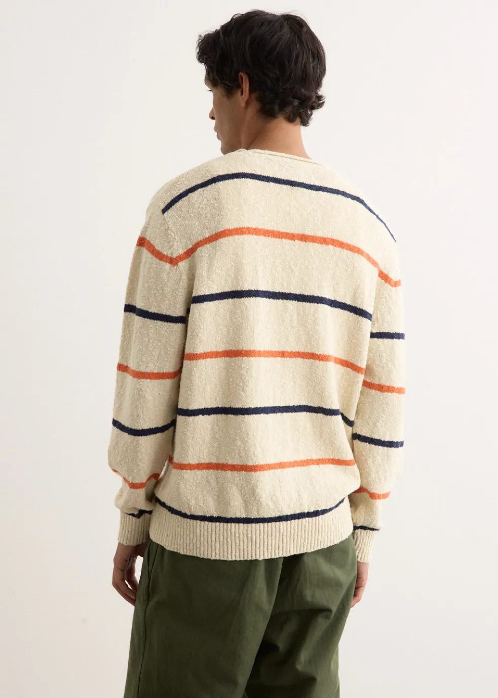 Cotton Linen Slab Stripe Crewneck
