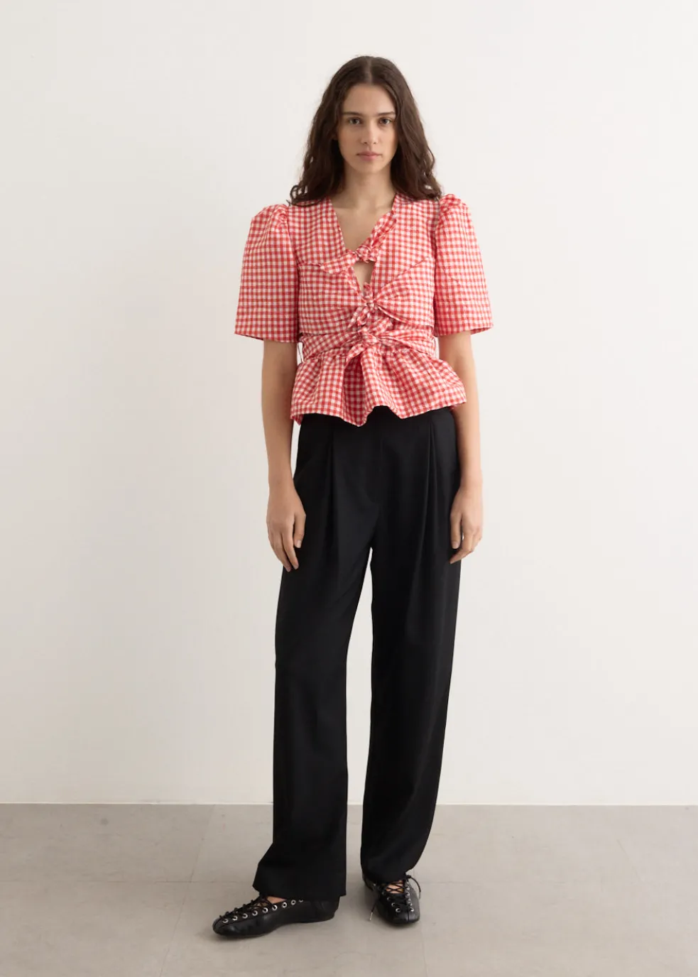Crinkled Taffeta Check Tie Strap Blouse
