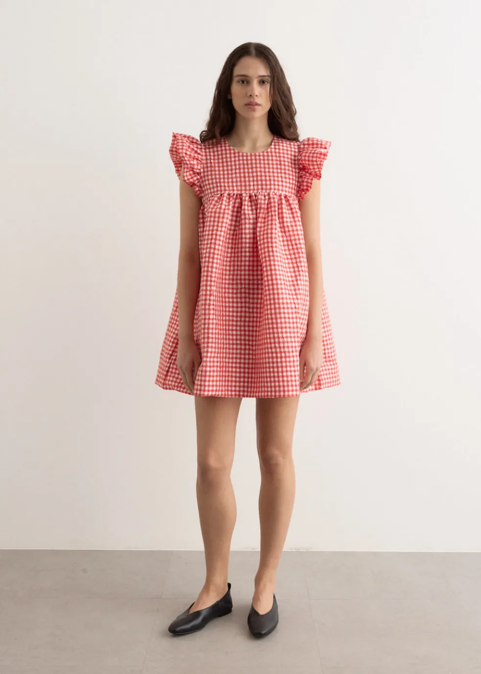 Crinkled Taffeta Check Frill Mini Dress