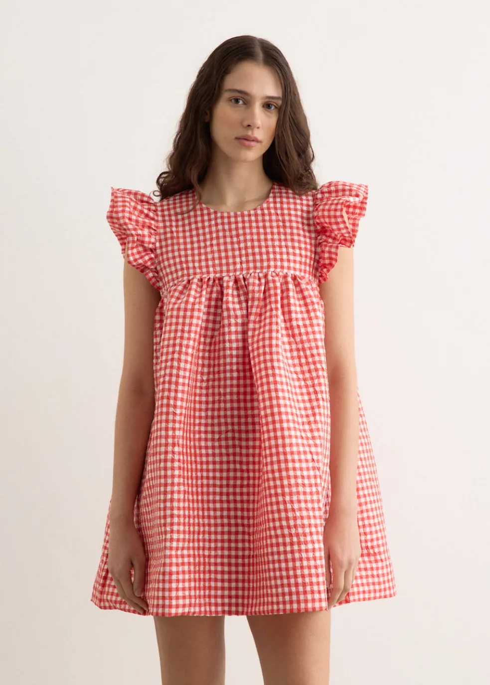 Crinkled Taffeta Check Frill Mini Dress