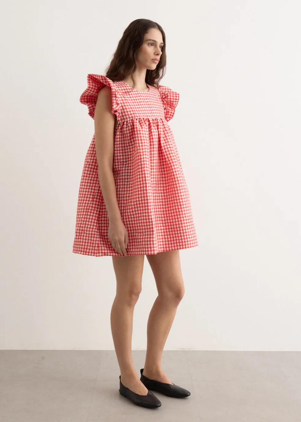 Crinkled Taffeta Check Frill Mini Dress