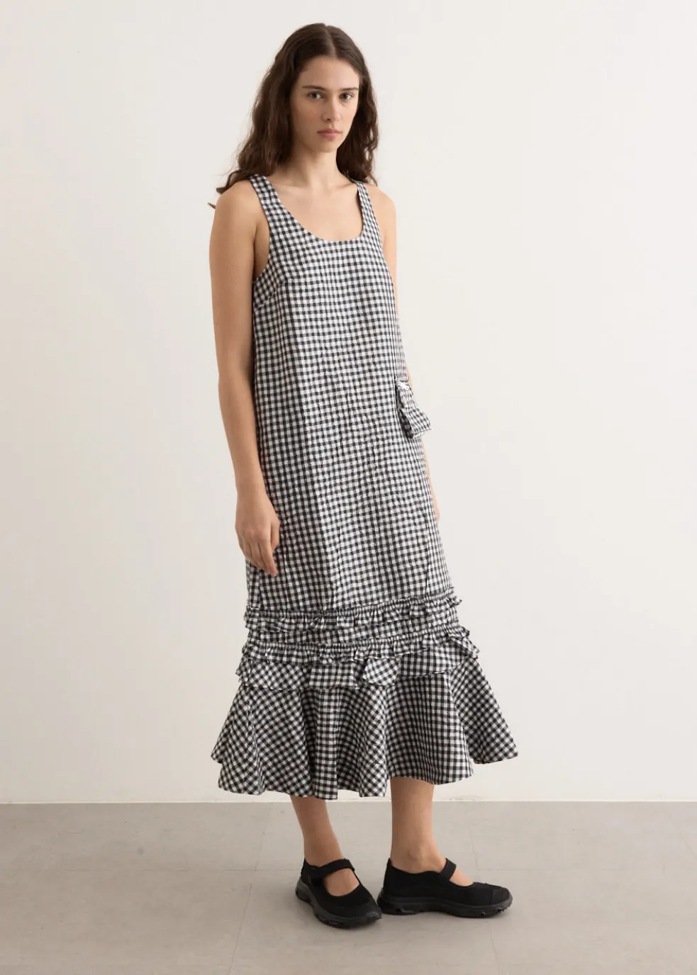 Crinkled Taffeta Check U-Neck Long Dress