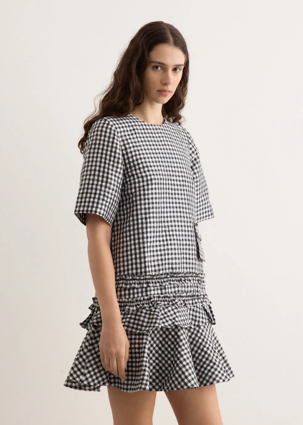 Crinkled Taffeta Check Open Back Mini Dress