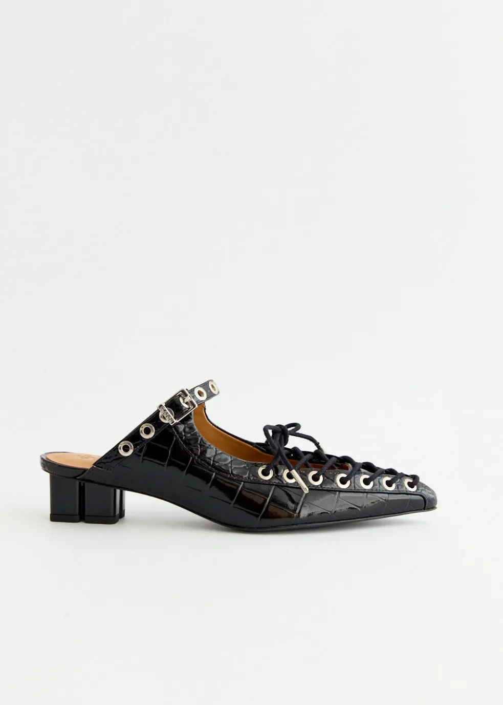 Croco Eyelets Lace Up Mules