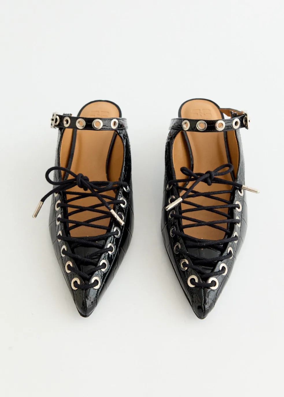 Croco Eyelets Lace Up Mules