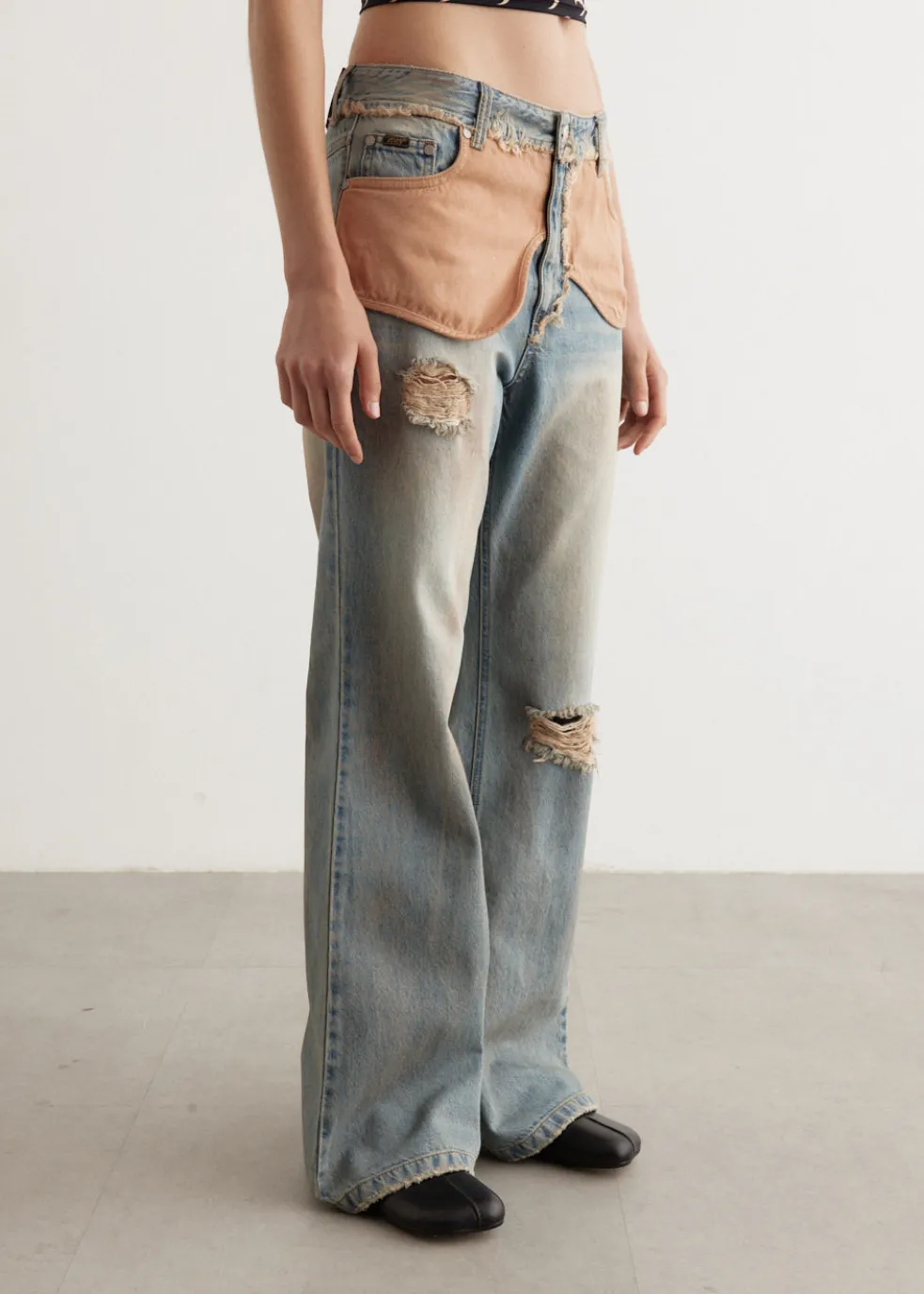 Deconstructed Dirty Wash Bootcut Jeans