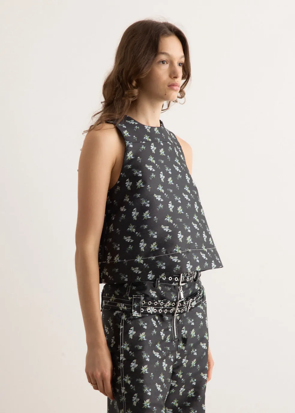 Floral Jacquard Sleeveless Open Neck Top