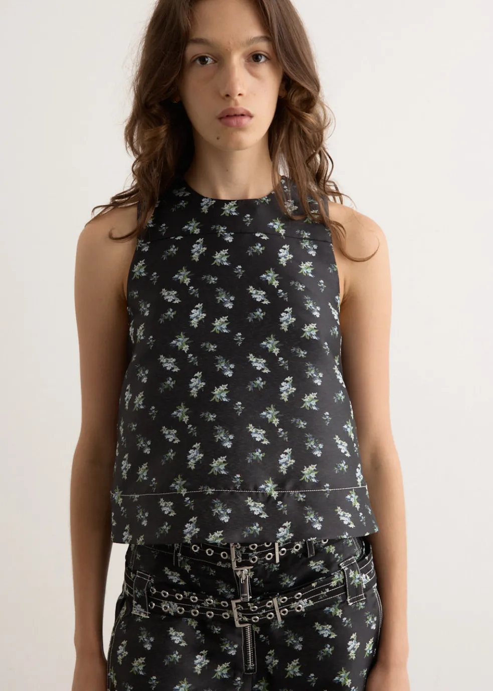 Floral Jacquard Sleeveless Open Neck Top