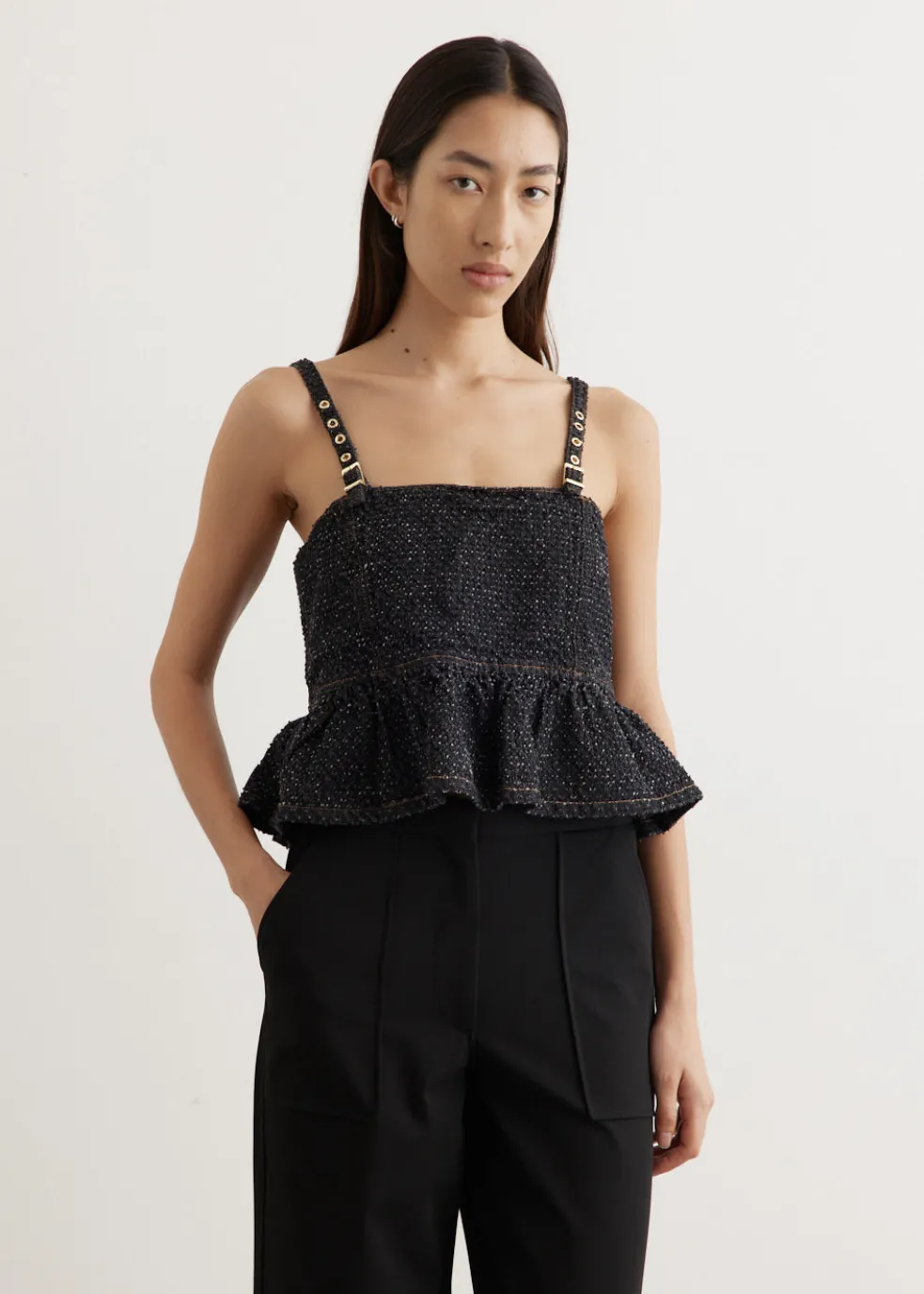 Fluffy Denim Strap Top