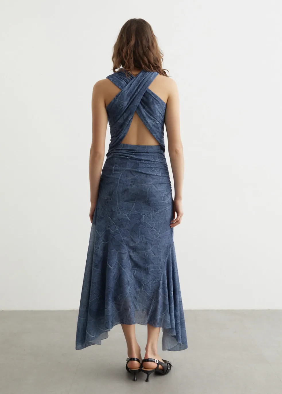 Marl Mesh Long Ruched Crossover Dress