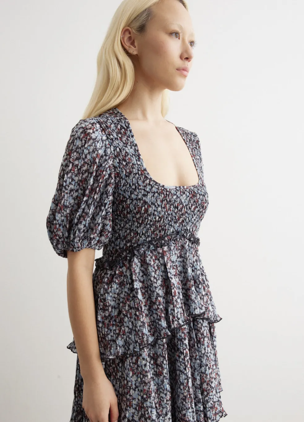 Pleated Georgette Layer Smock Midi Dress