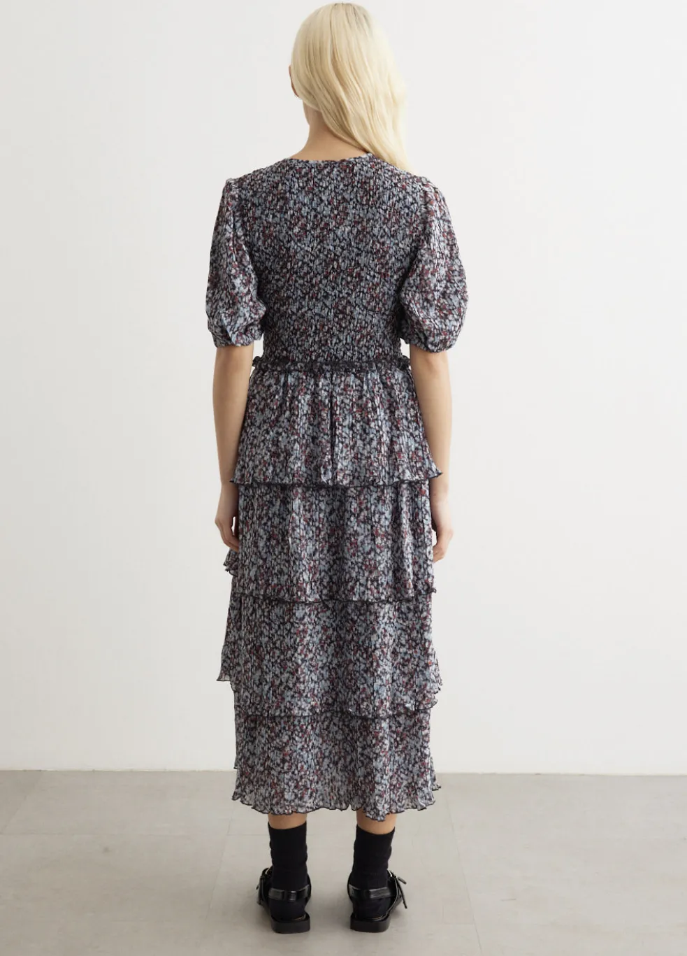 Pleated Georgette Layer Smock Midi Dress