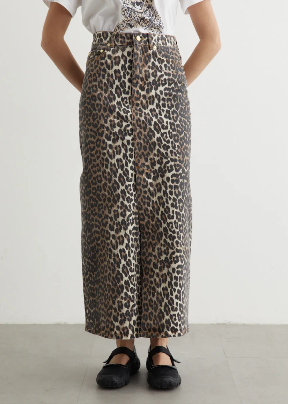 Print Denim Maxi Slit Skirt