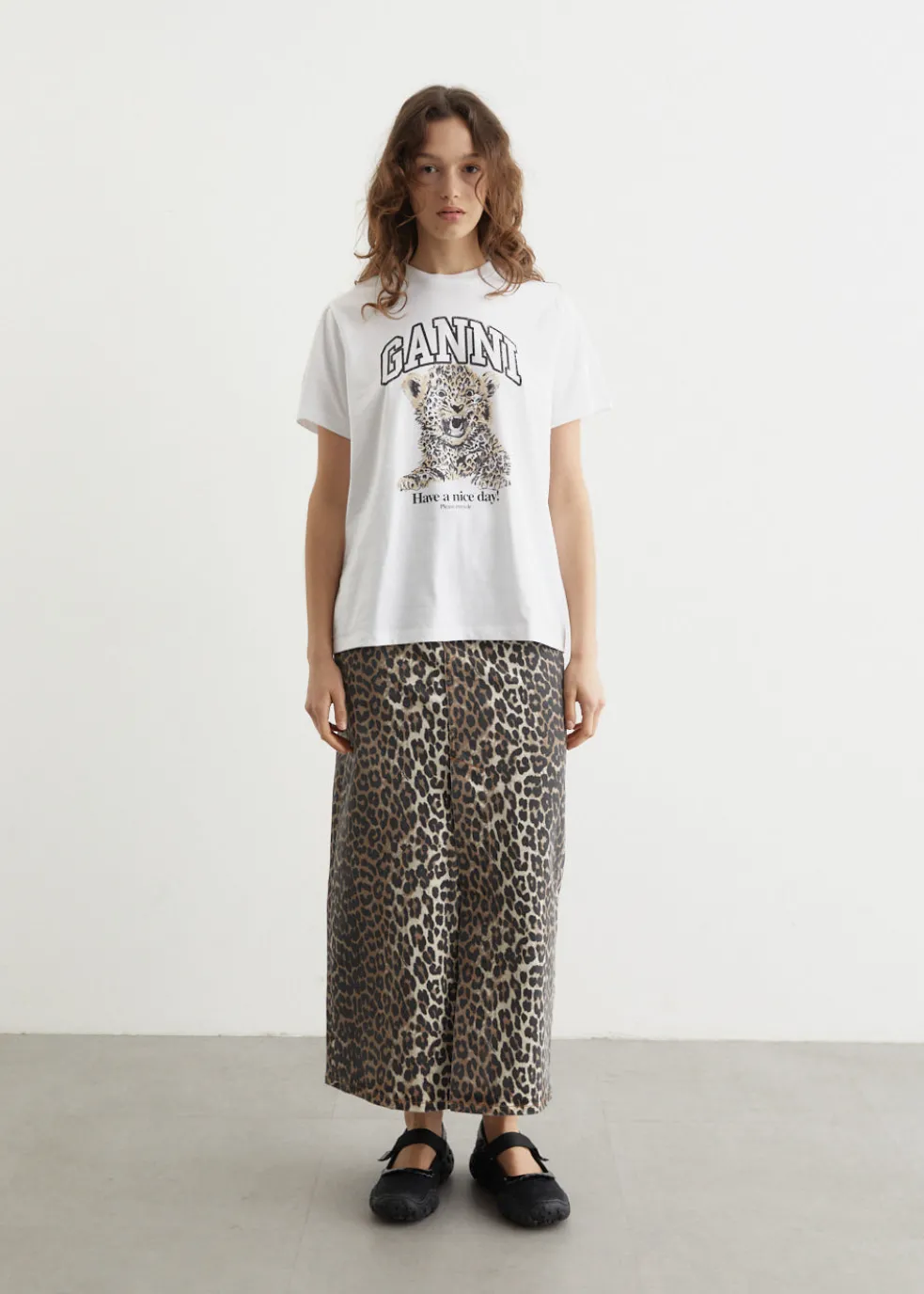 Print Denim Maxi Slit Skirt