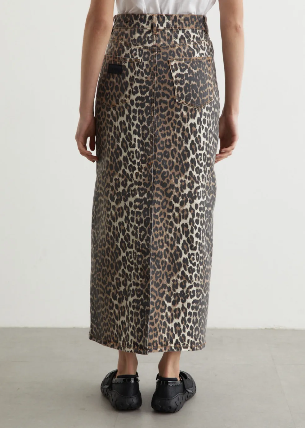 Print Denim Maxi Slit Skirt