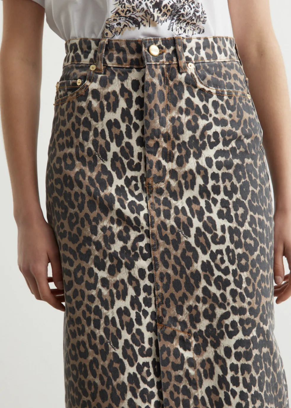 Print Denim Maxi Slit Skirt