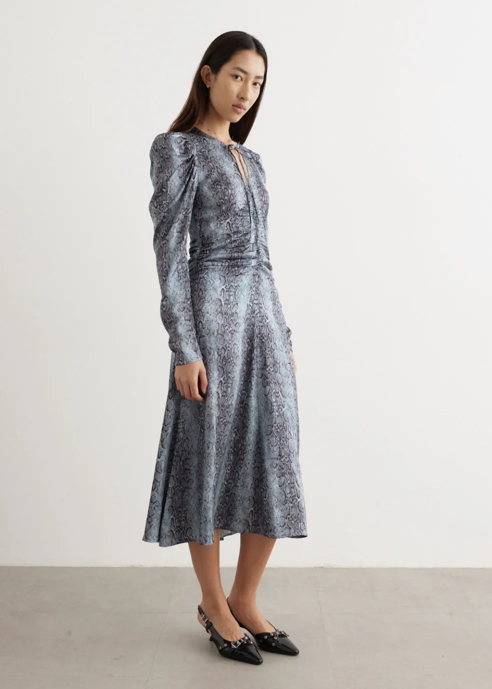 Printed Satin Ruched Midi Dress