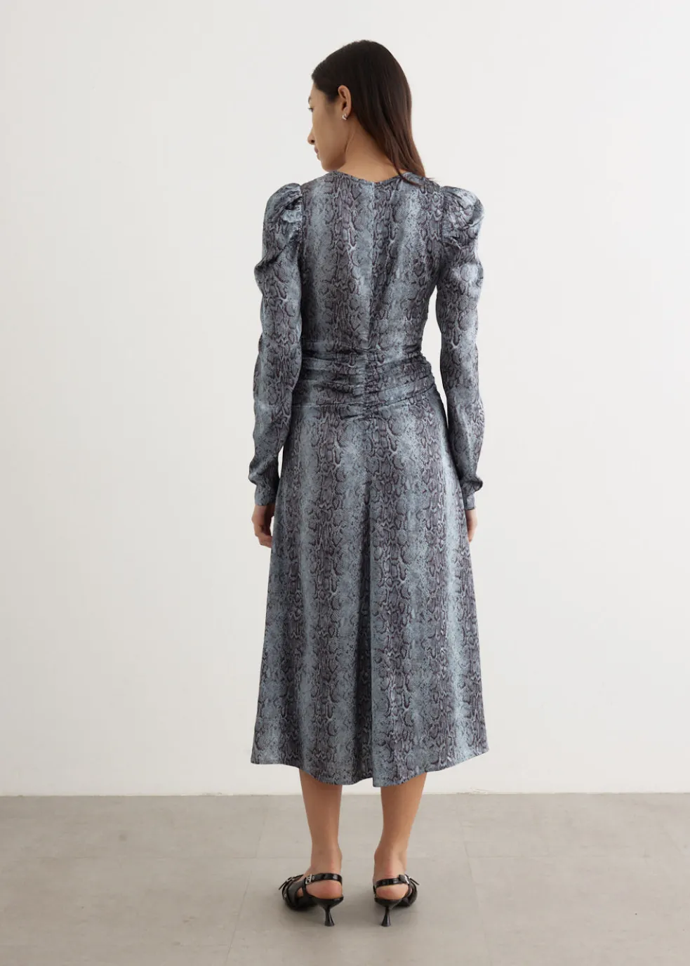 Printed Satin Ruched Midi Dress