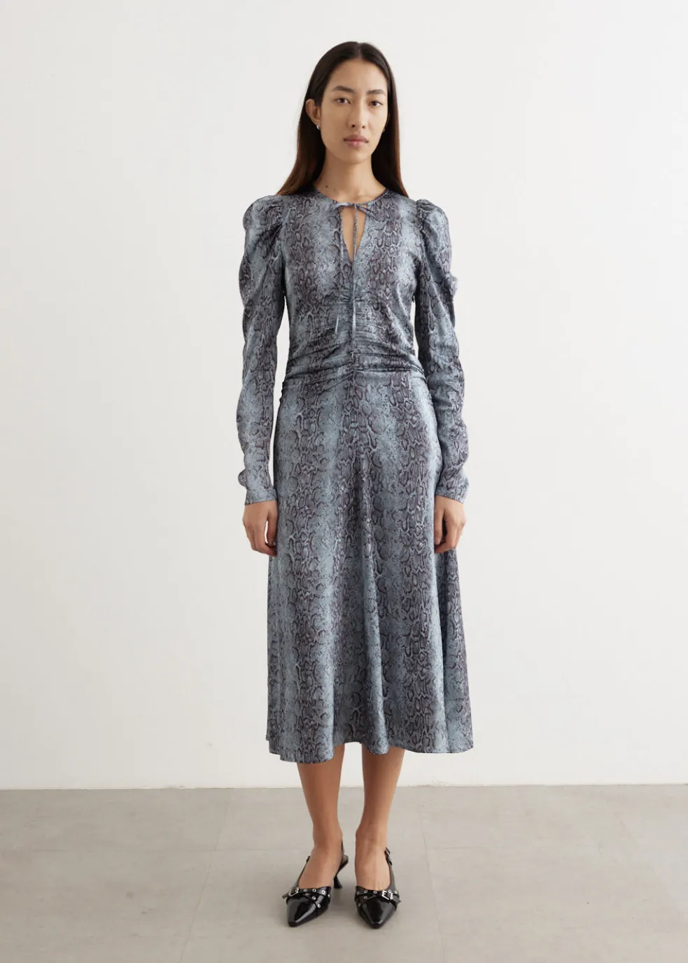 Printed Satin Ruched Midi Dress