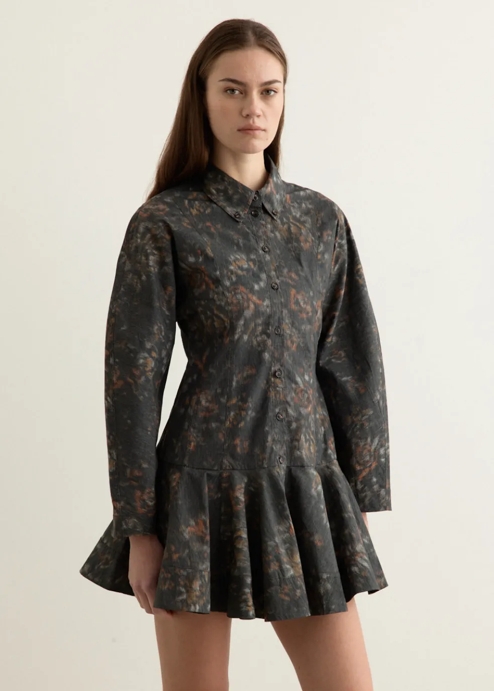 Printed Stretch Cotton Buttoned Mini Dress