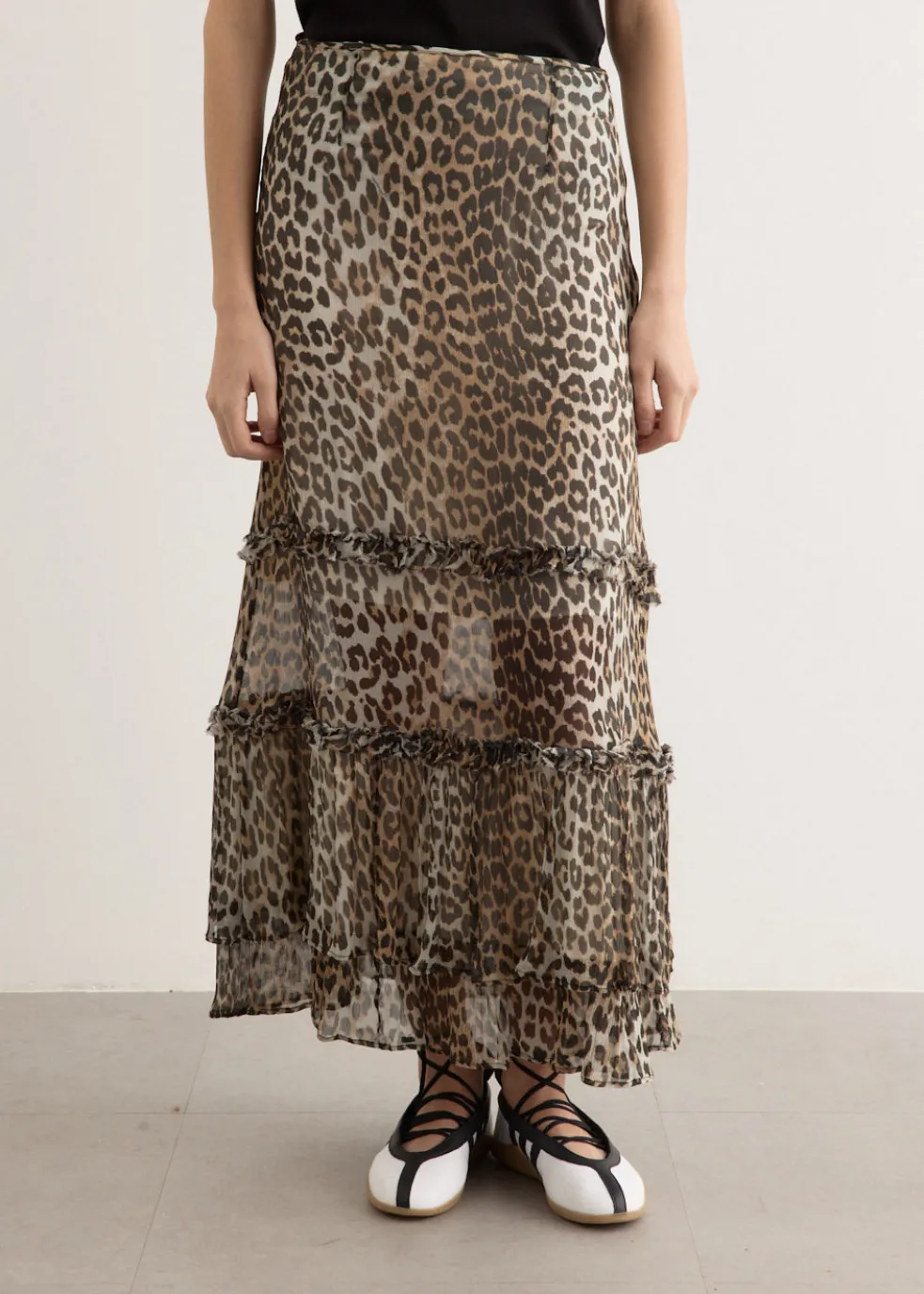 Printed Viscose Chiffon Long Ruffle Skirt
