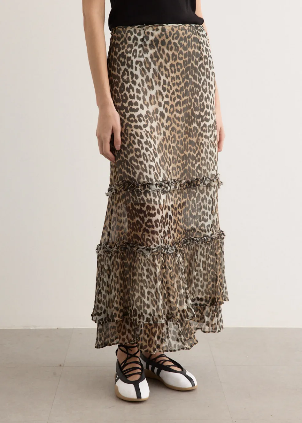 Printed Viscose Chiffon Long Ruffle Skirt