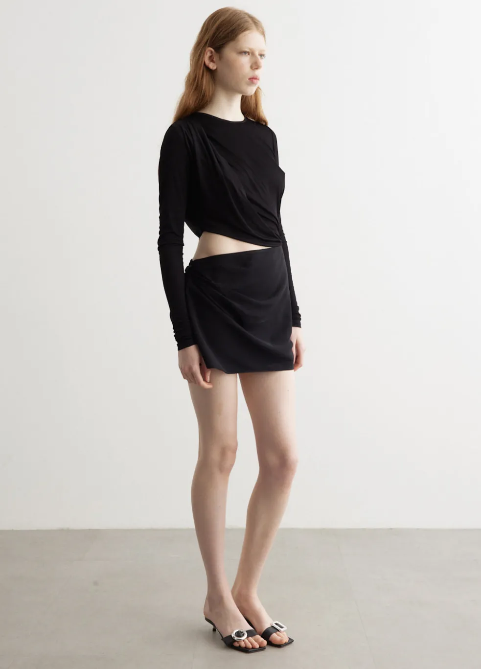 Ribbed Twist Long Sleeve Drape Mini Dress