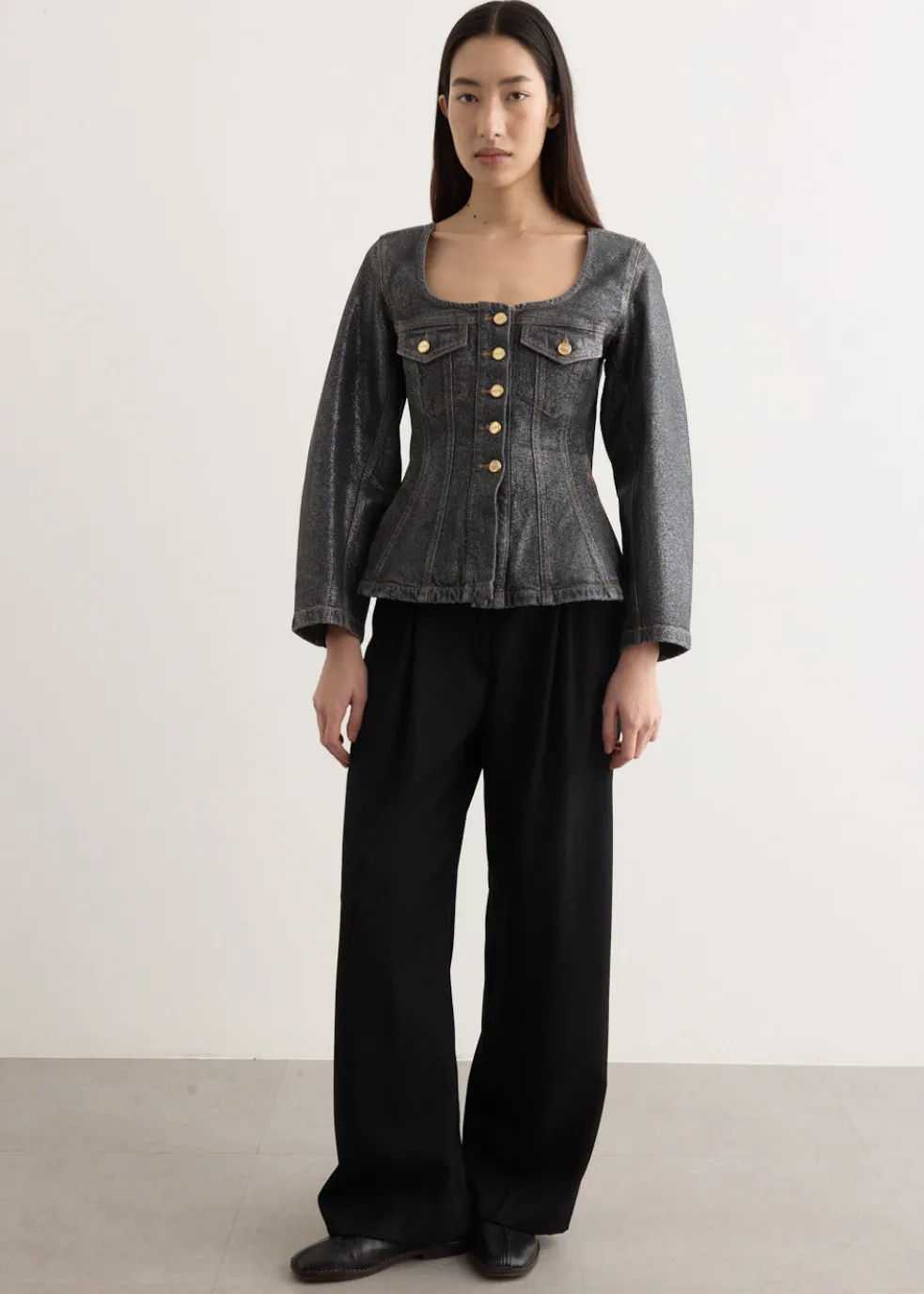 Shimmery Foil Denim Fitted Blazer