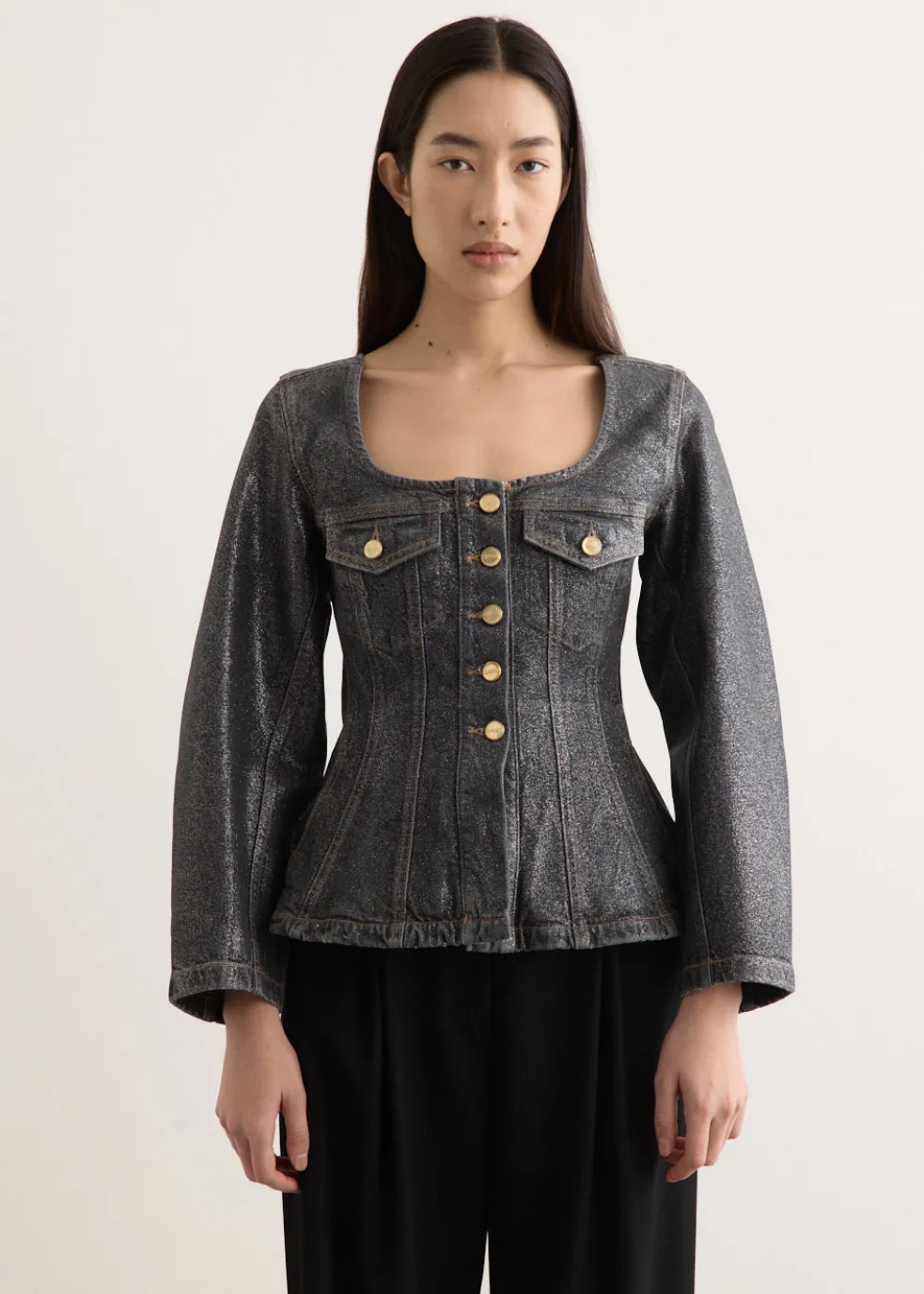 Shimmery Foil Denim Fitted Blazer