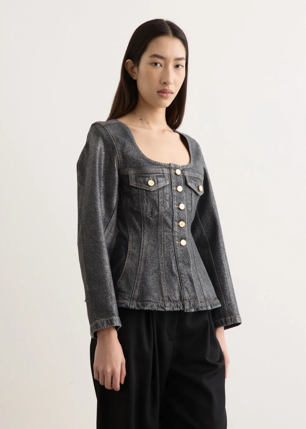 Shimmery Foil Denim Fitted Blazer