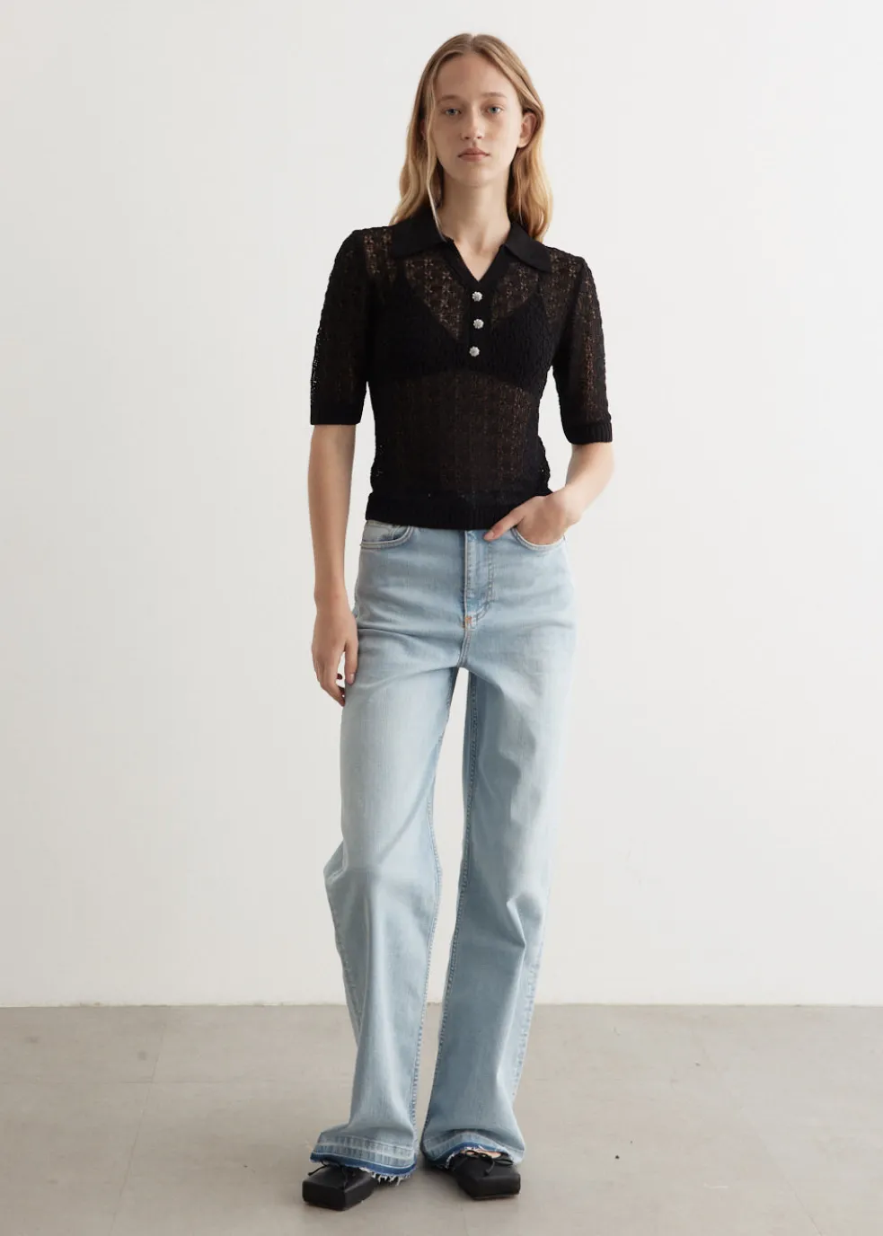 Shiny Pointelle Knit Short Sleeve Polo