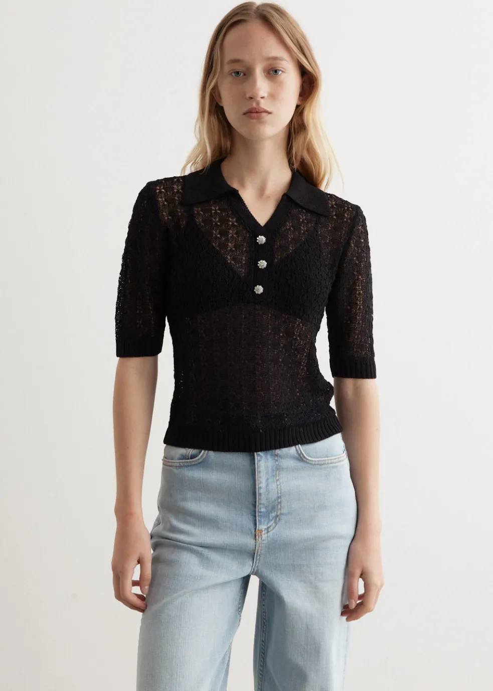 Shiny Pointelle Knit Short Sleeve Polo