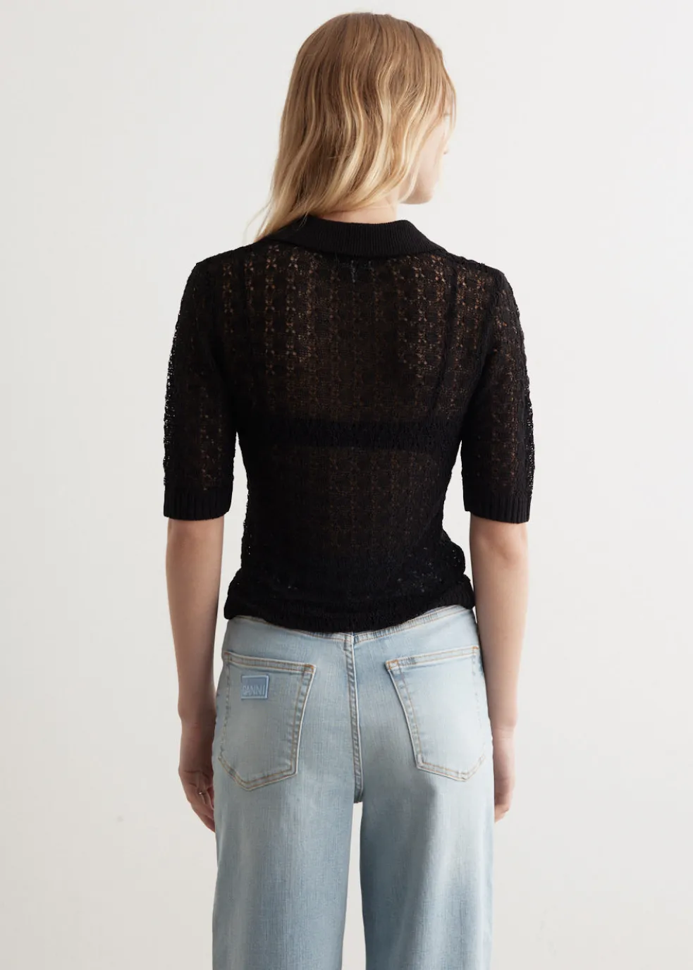 Shiny Pointelle Knit Short Sleeve Polo