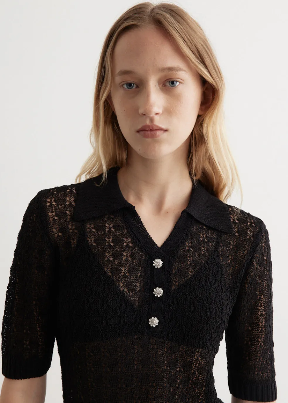 Shiny Pointelle Knit Short Sleeve Polo