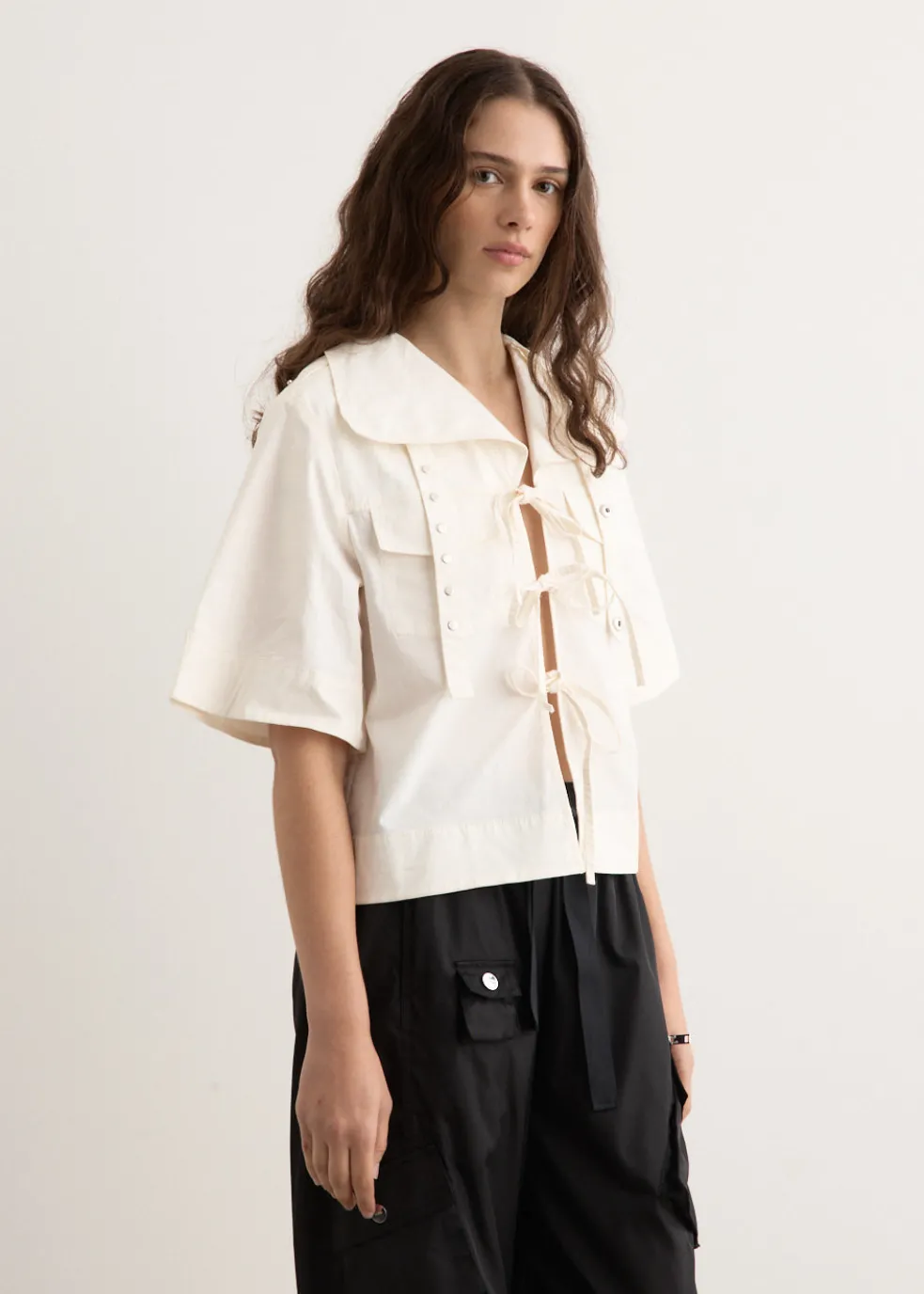 Stretch Cotton Cowl Neck Blouse