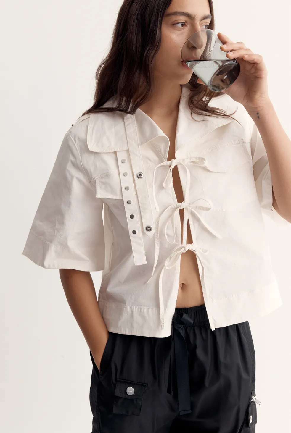 Stretch Cotton Cowl Neck Blouse