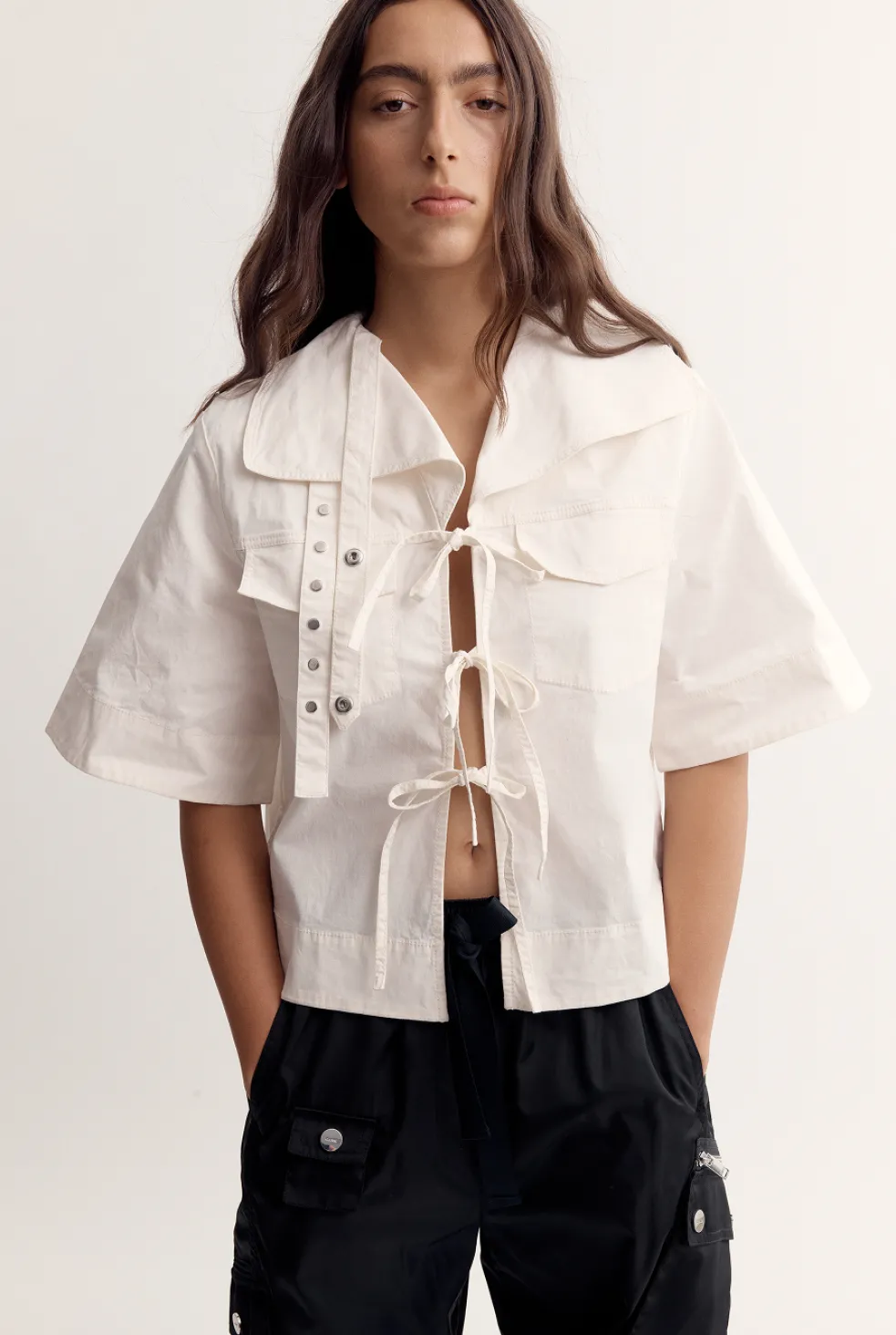 Stretch Cotton Cowl Neck Blouse