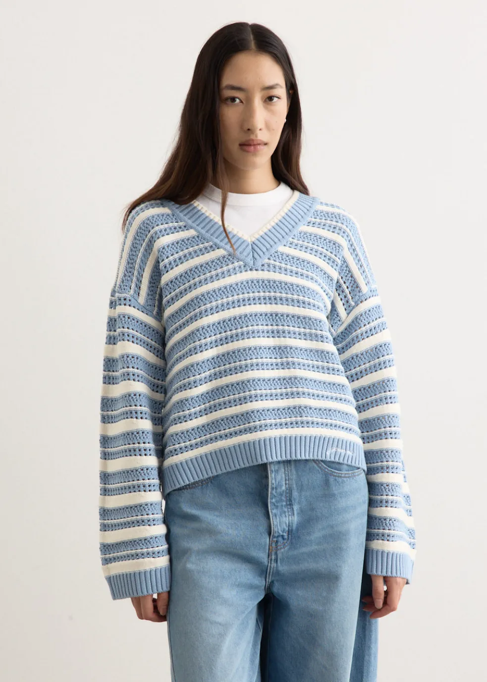 Striped Cotton Pointelle V-Neck