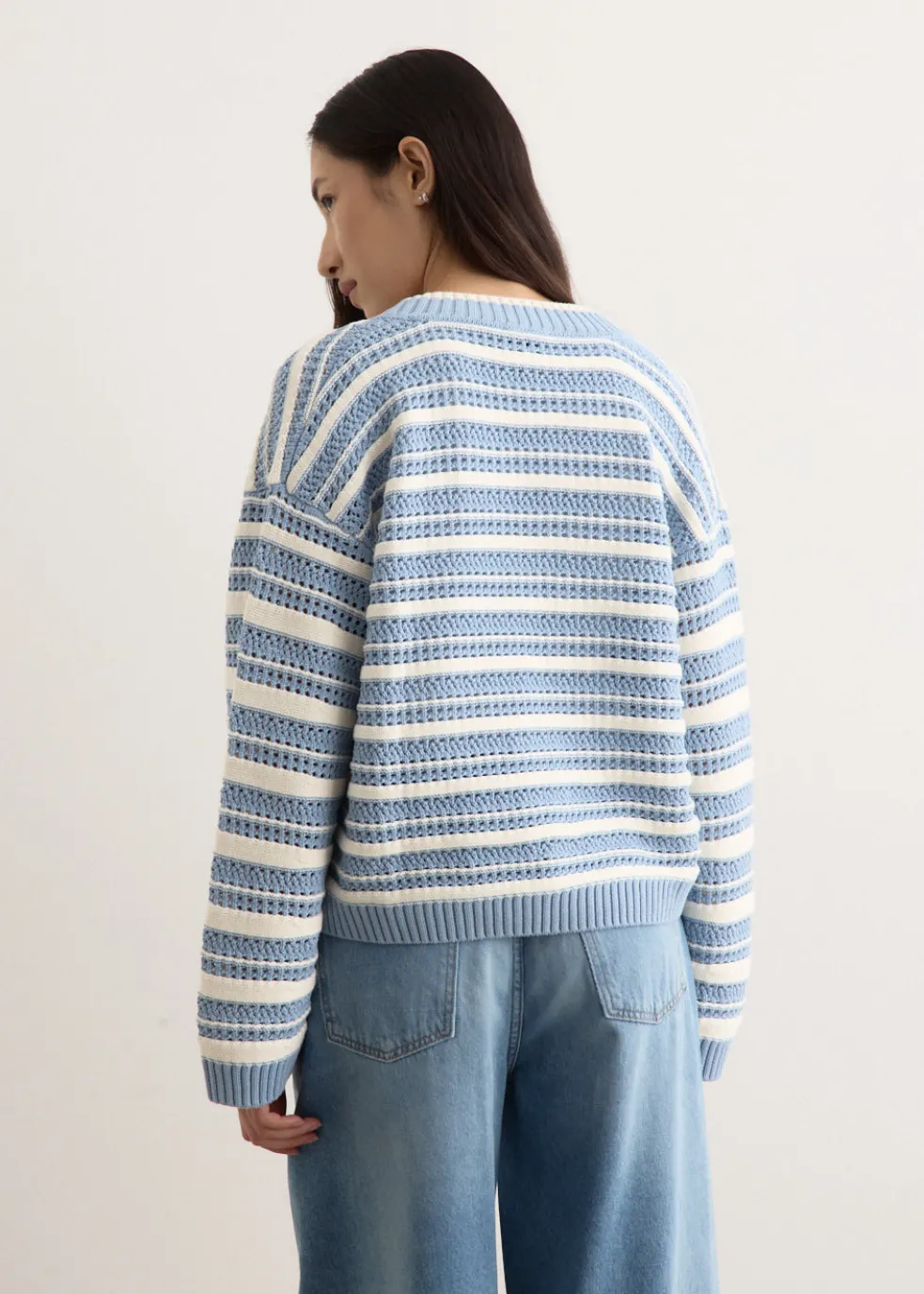 Striped Cotton Pointelle V-Neck