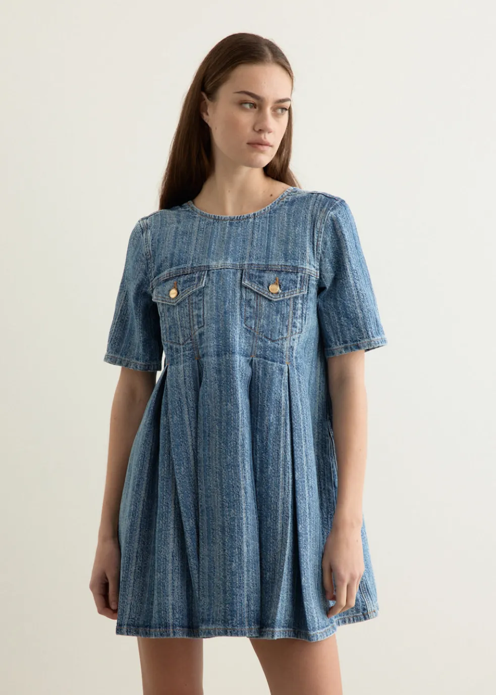 Structured Denim Open-Back Mini Dress