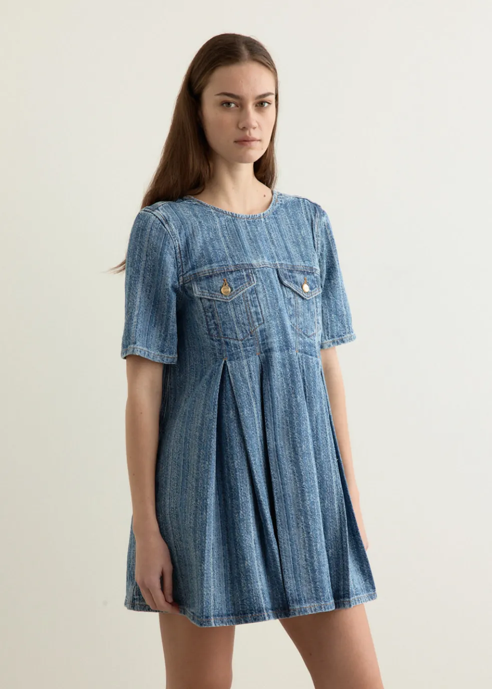 Structured Denim Open-Back Mini Dress