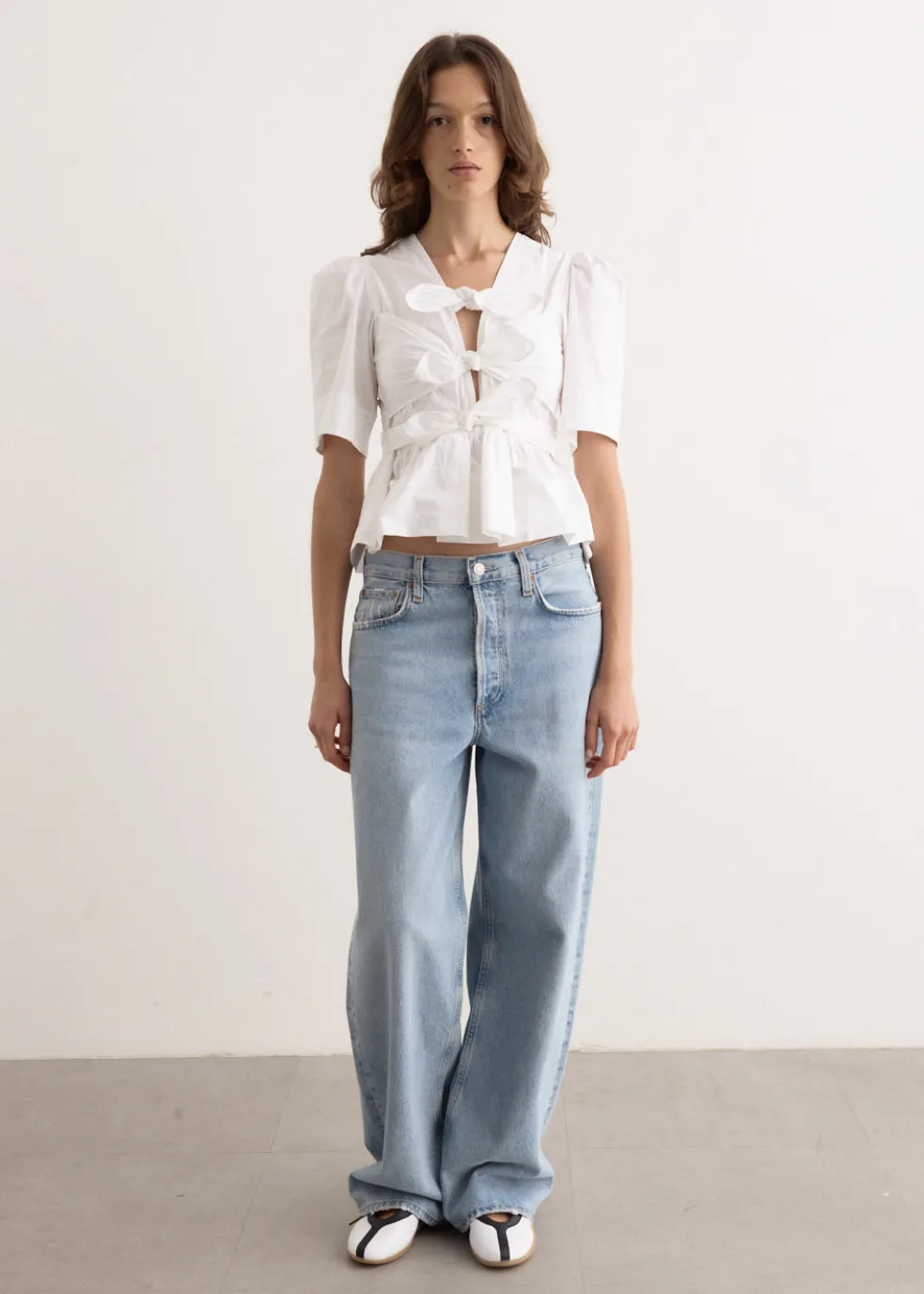 Washed Stretch Cotton Tie Strap Blouse