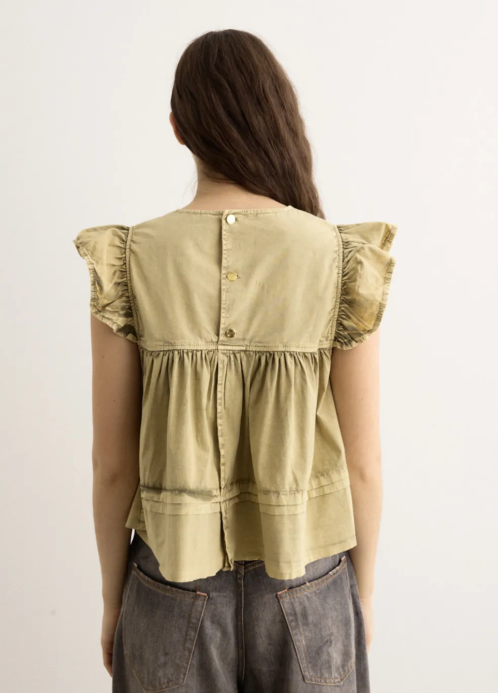 Washed Stretch Cotton Frill Sleeve Top