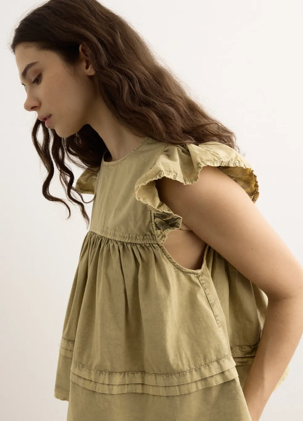 Washed Stretch Cotton Frill Sleeve Top